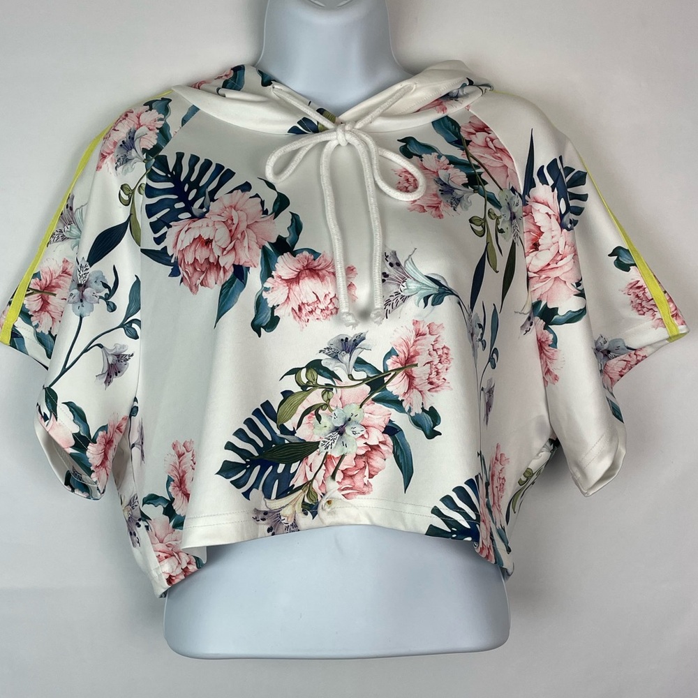Fashion Nova White Floral Cropped Top Hoodie XS